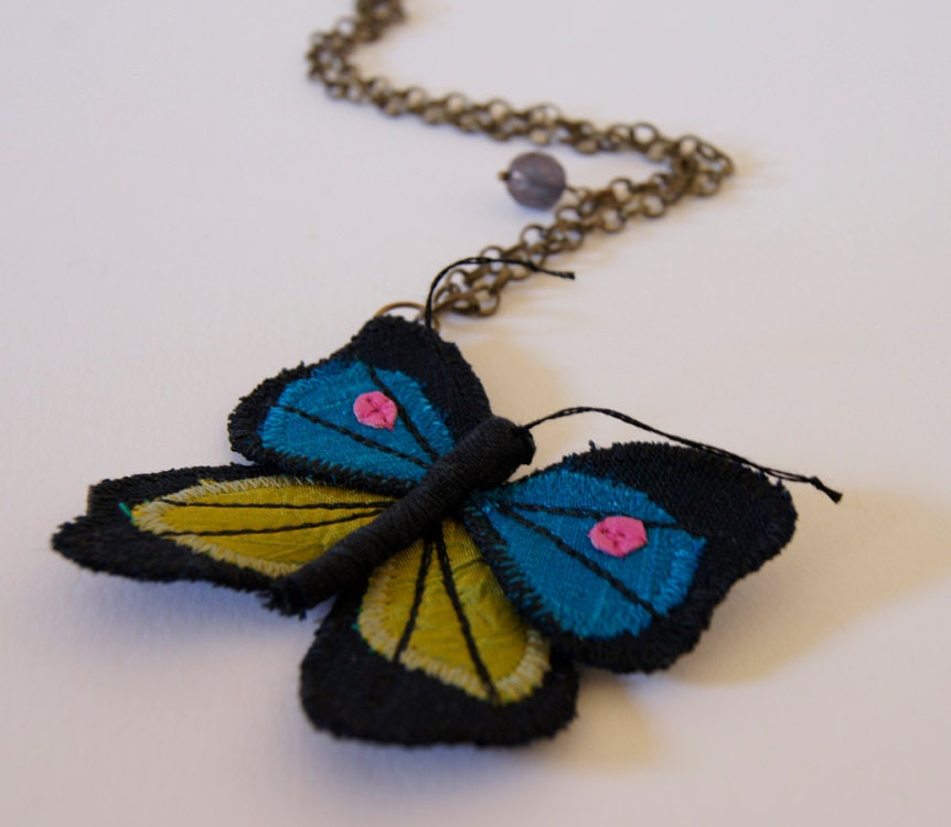Fantasy Textile Jewelry Butterfly Necklace Linen and Silk