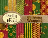 Christmas Wrapping - Green, Red, & Gold - Digital Paper Pack - Scrapbooking Backgrounds - 12 x 12 OR 8.5 x 11- Set of 12