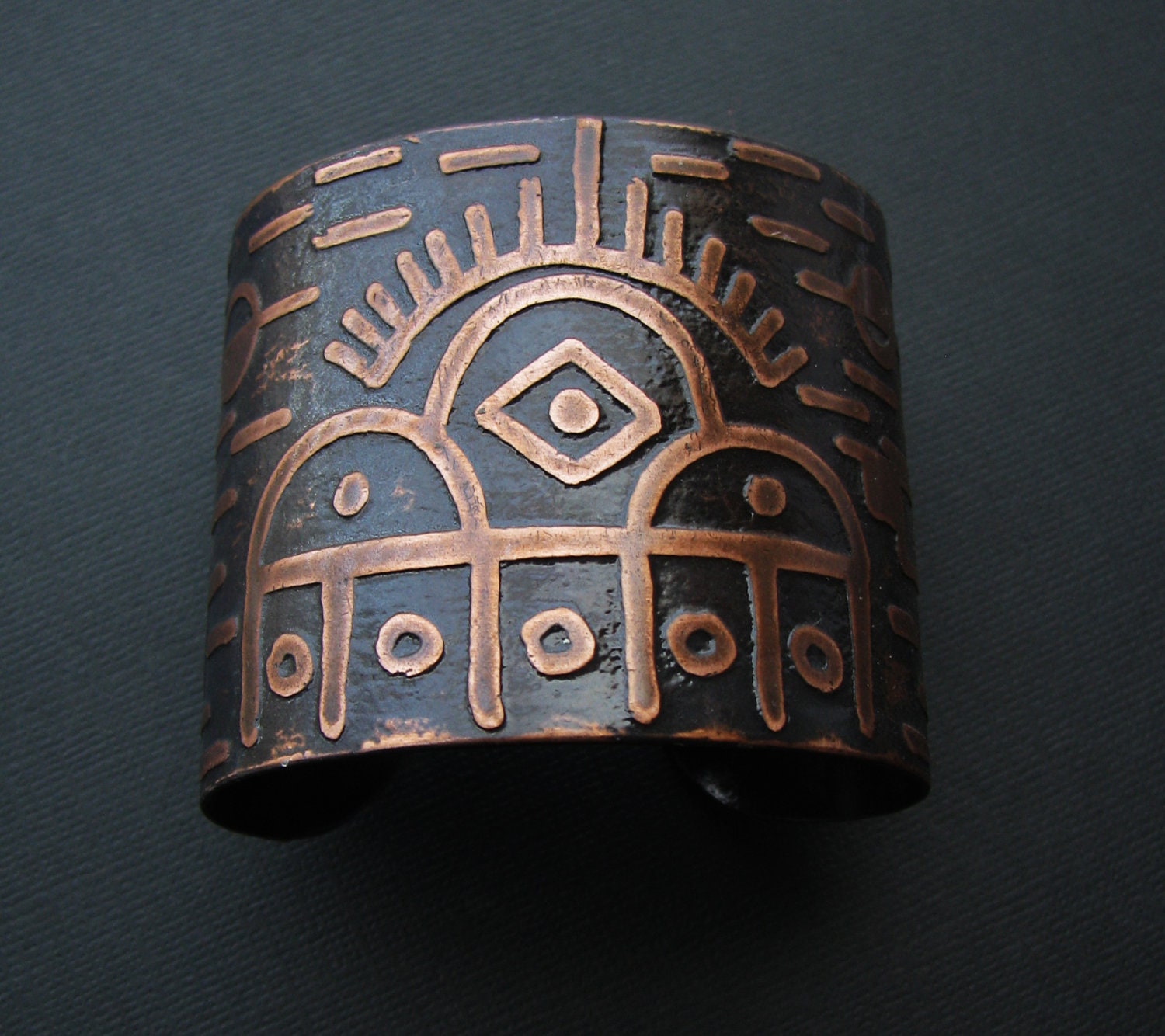 Rainmaker Cuff - Etched Copper Cuff - Symbols of Productivity, Growth, and Strength through change