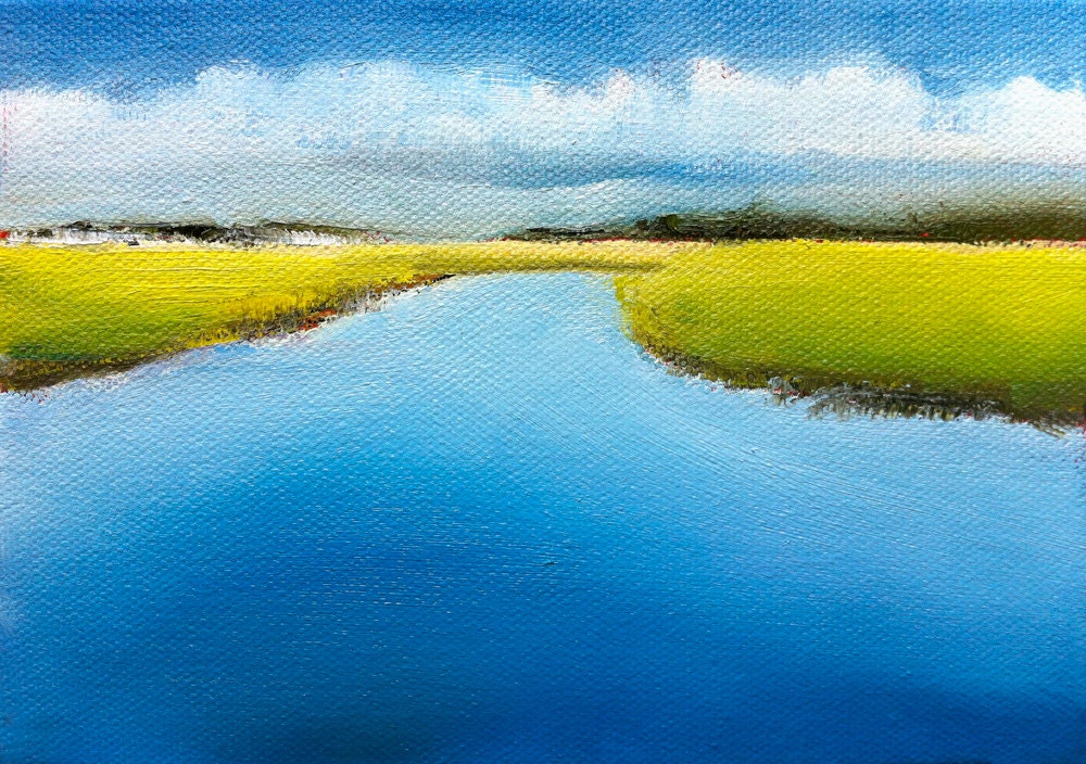 Marsh landscape painting "Yellow Green Marsh I" 5x7 on deep wrapped canvas