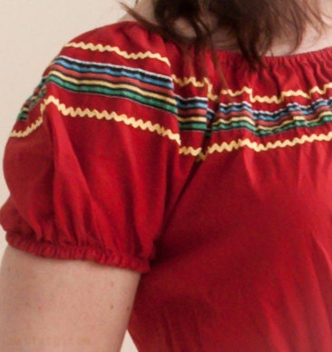 40s-50s Red Cotton Puff Sleeve Peasant Dress