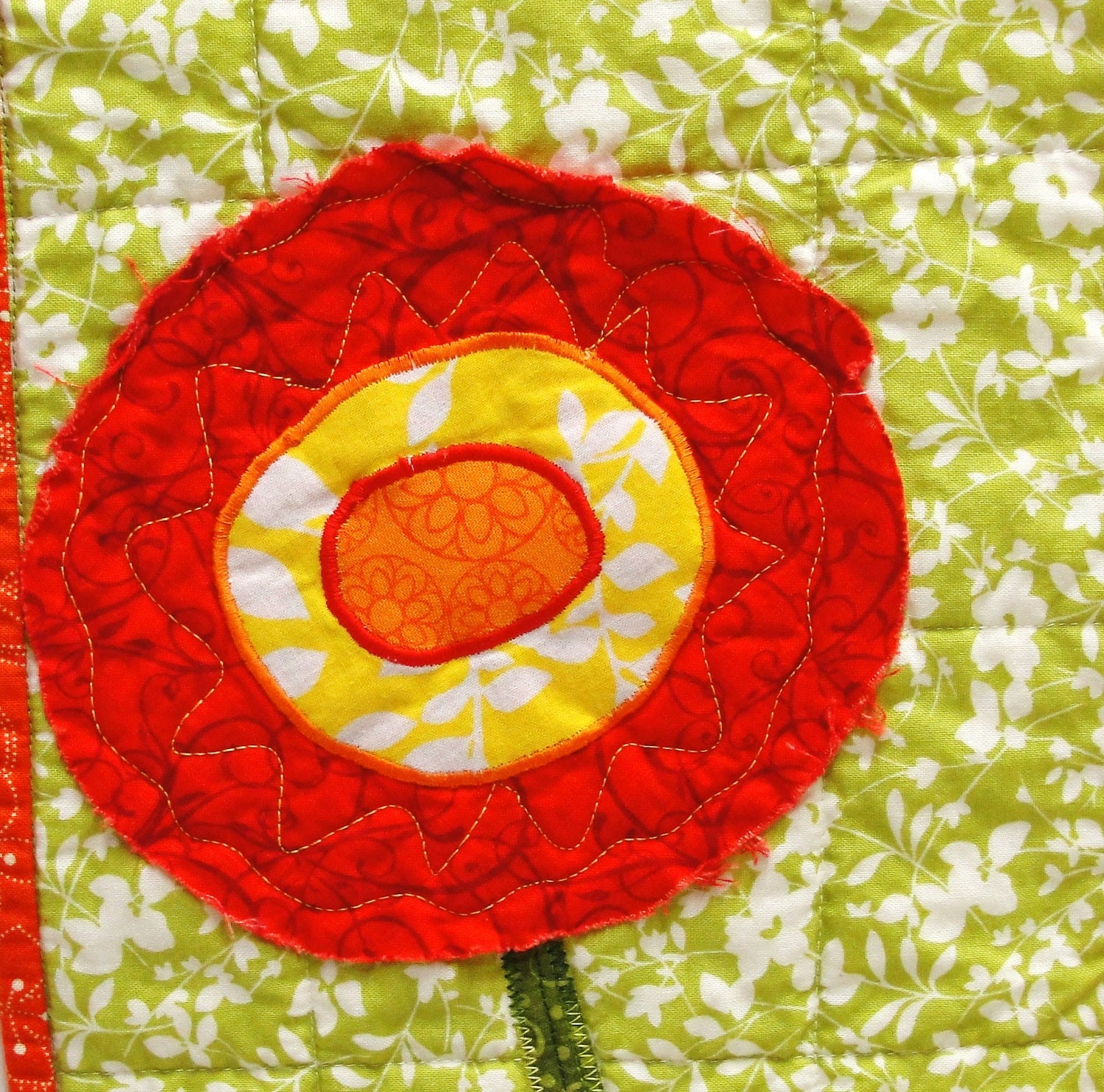 poppy wall quilt- single stem red, yellow and orange poppy on green, wall art, wall hanging