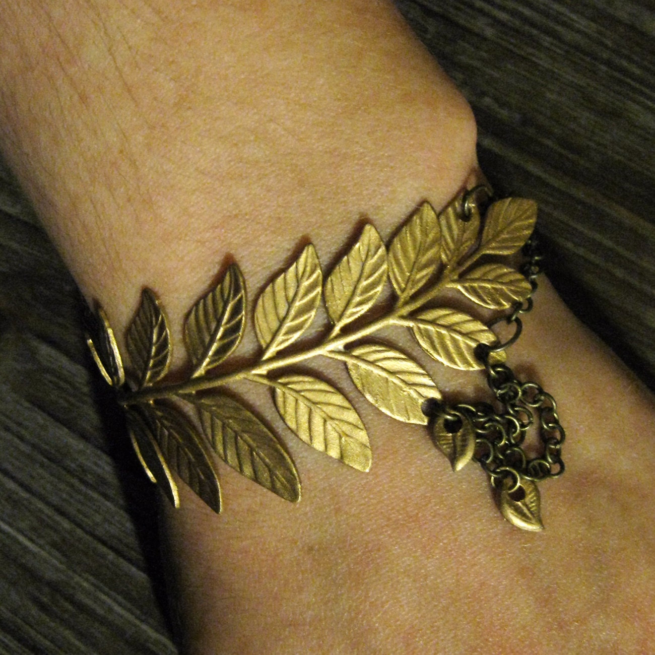 Laurel Bracelet - Gold Leaf Fern Branch Draped Antique Brass Multi Chain Brass Stamping Leaf Charms - Woodland Nature Art Nouveau Bridal