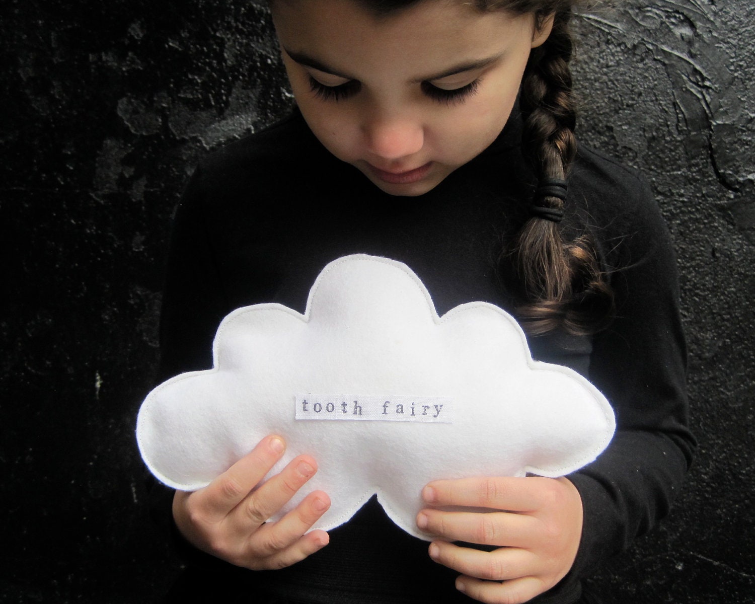 Tooth Fairy White Cloud Pillow - Hand Stamped Small Wool Cushion - Kids Bedroom Home Decor - Dreamy Gift