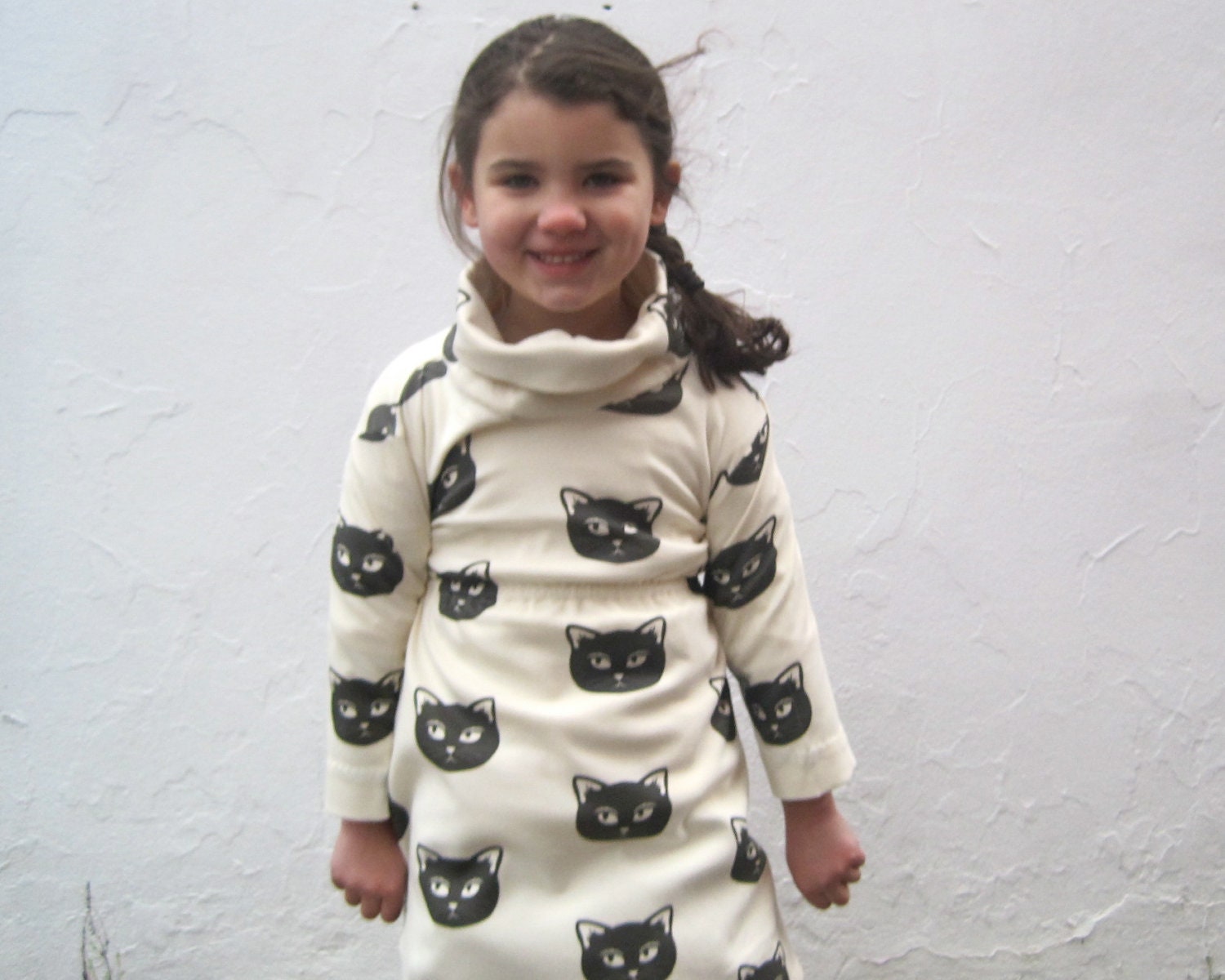 Organic Girls Cat Dress - Cowl Neck Dress in Black and White Mischevious Kitty (12 months 2T 3T 4T 5T 6T)