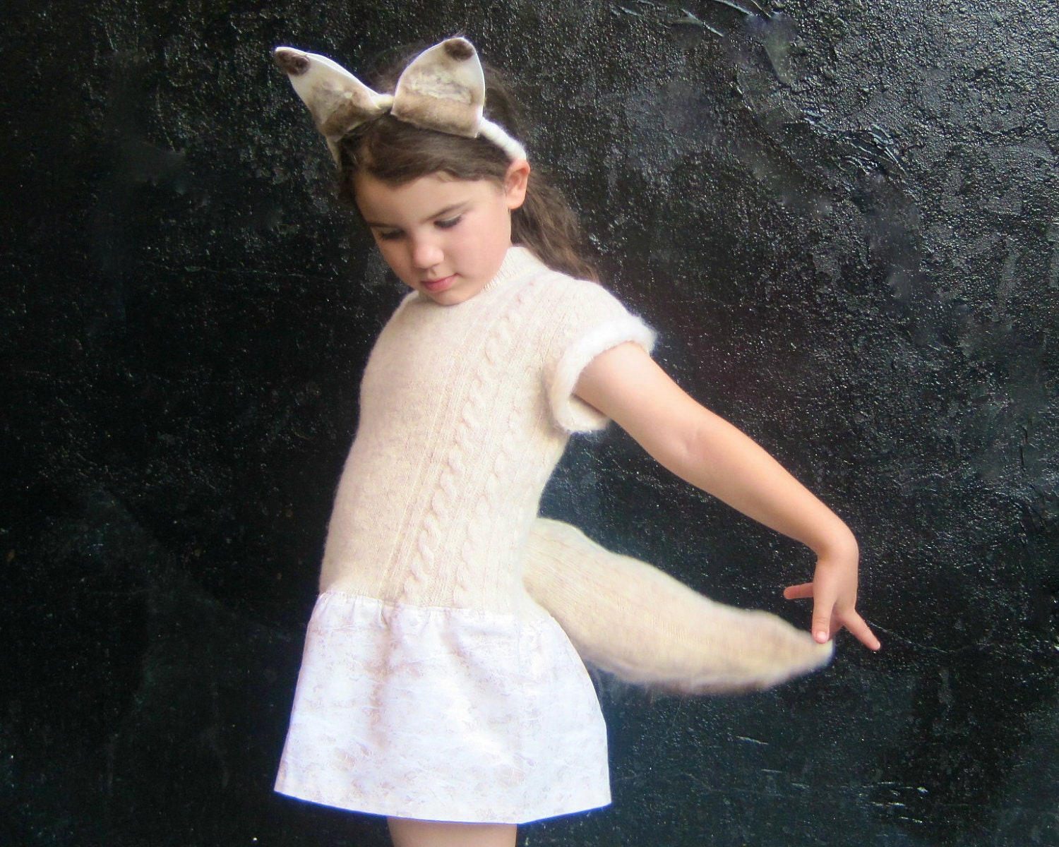 Arctic Fox Tail and Headband Costume - Halloween Girls White Fox Animal WOOL Hat and Tail Only - Eco Friendly Kids