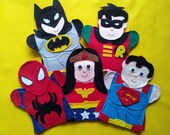 Super Hero-felt hand puppets- Batman, Robin, Super Man, Spider Man, Wonder Woman