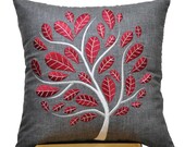 Red Peacock Pillow Cover, Decorative Throw Pillow Cover 18 x 18, Ash Grey Linen Pillow Red Tree Embroidery, Grey Pillow , Red Cushion