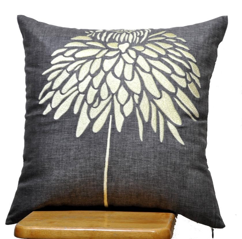 Yellow Peony Pillow Cover, Light Yellow Peony Ash Grey Linen PIllow Cover, Decorative Throw Pillow Cover, Pillow Case 18 x18, Grey Cushion
