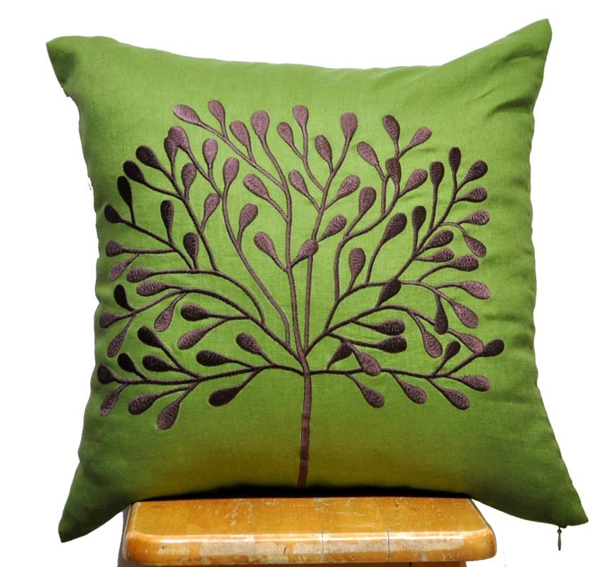 Green Tree Pillow Cover, Decorative Throw Pillow Cover, Green Linen Pillow Dark Brown Tree Embroidery, Pillow Cover 18 x 18, Green Cushion