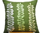 Leaves Pillow Cover, Decorative Throw Pillow Cover, Green Linen Pillow Leaves Embroidery, Pillow Cover 18 x 18, Green Cushion, Couch Pillow