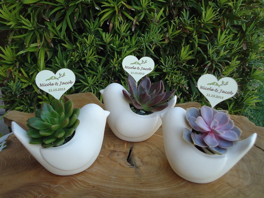 6 Succulent Plant Rosette Ceramic Bird Favors and Tags for Wedding, Shower, Baptism or Any Special Event