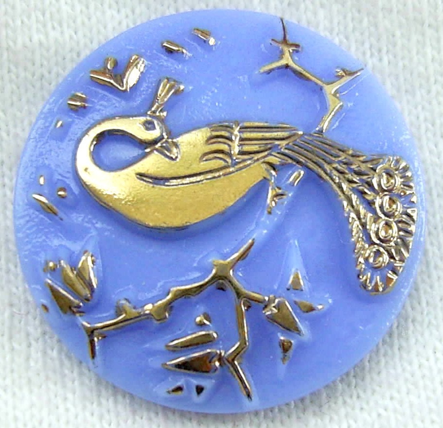 Czech Glass Peacock Button - Pretty Blue Glass w/ Gold Luster Detail