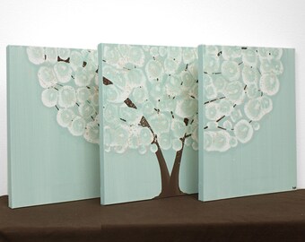 Blue and Brown Tree - Wall Art Painting on Canvas Triptych - Medium 35X14 - IN STOCK
