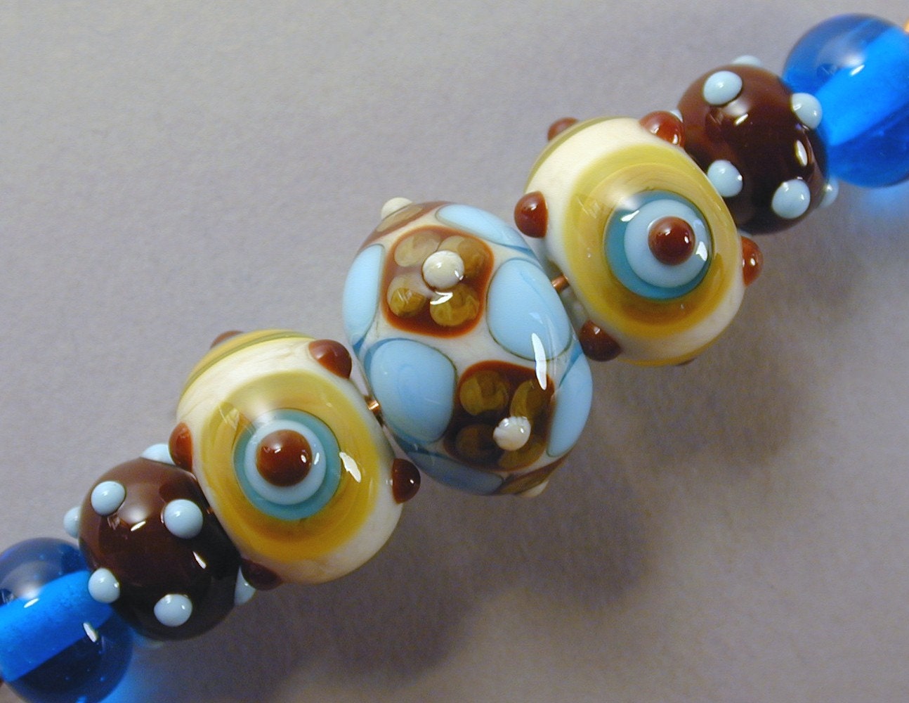 Louise Set of 7 Handmade Lampwork Art Glass Beads, ooak, by Patti Cahill, sra -- Flowers and Bullseyes