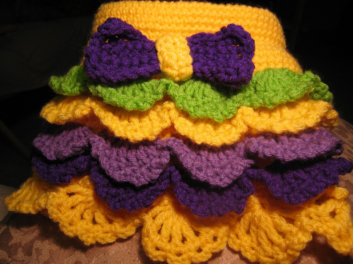 Hand Crocheted Yellow Green Purple Lavender Ruffle Skirt Set w Booties n Hat