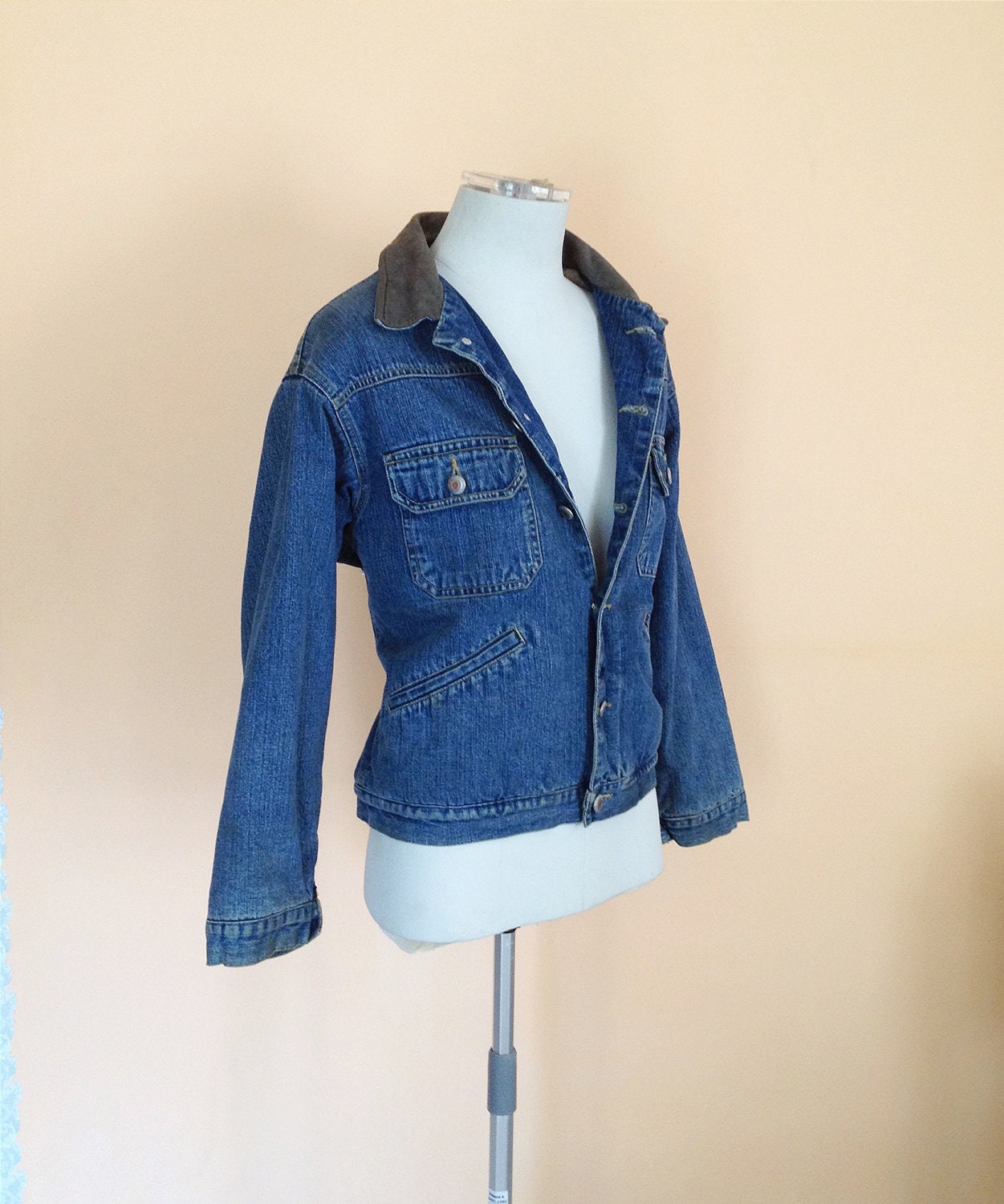 Vintage Denim and Leather Jacket. Gap. Unisex. Rugged. Rustic. Jean Jacket. Blue. Green. Size X-Large. Fall. Winter. Outerwear. 1980s.