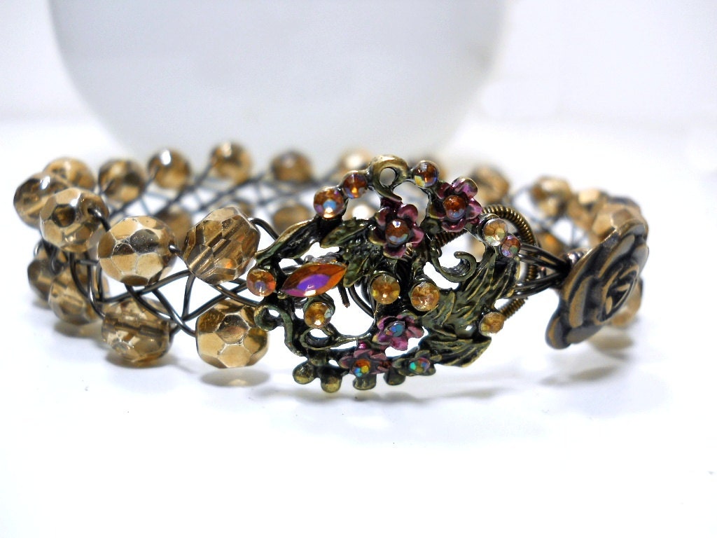 Bronze Beaded Wire Bracelet, Bronze Luster Glass, Vintage Style Crystal Brass Button, Braided Wire Wrapped Bracelet, Rustic Jewelry, Boho - ChelseaGirlDesigns