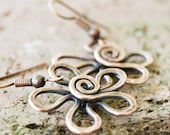 Copper Flower Earrings, Textured, Oxidized, Copper Wire, Wire Jewelry
