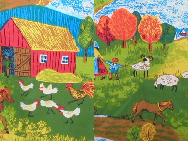 Vintage 50s farm print cotton bark cloth curtains  46" wide 40" long with valances