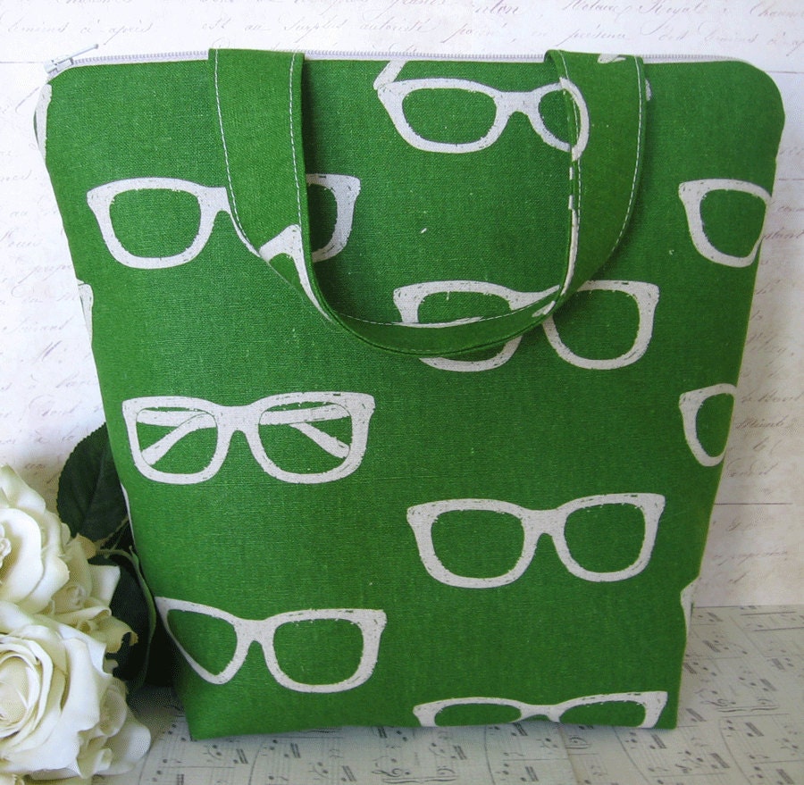 Retro olive Green / Office Lunch box / Insulated Lunch Tote Zipper Bag/  Linen lunch bag with glasses/ eco lunch bag