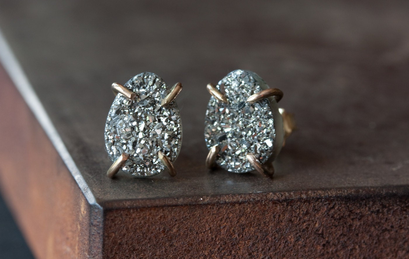 Titanium Silver Druzy Studs in 14kt Gold