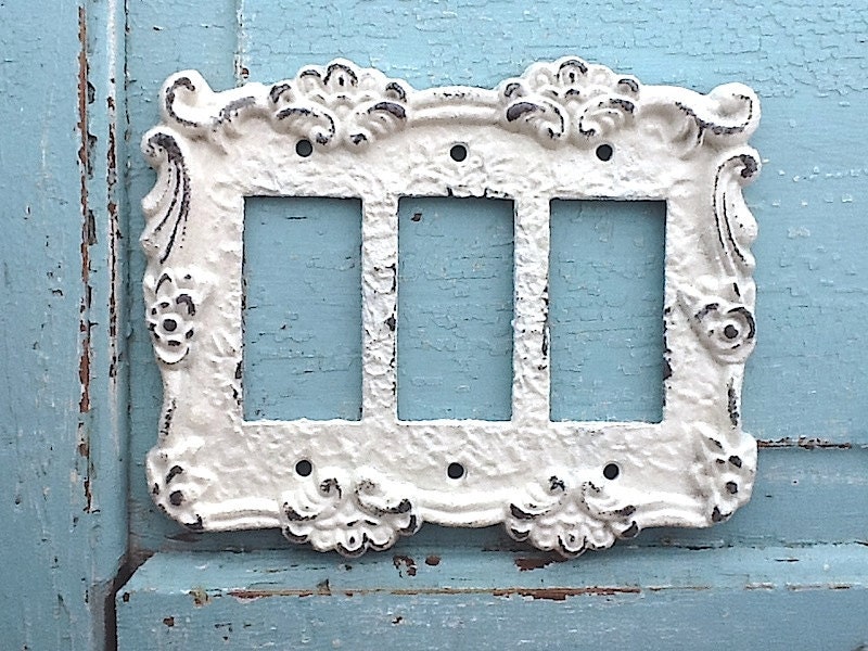 Metal Wall Decor, Light Switch Cover, Triple Rocker Switch Plate, Light, Heirloom Creamy White, STYLE 113