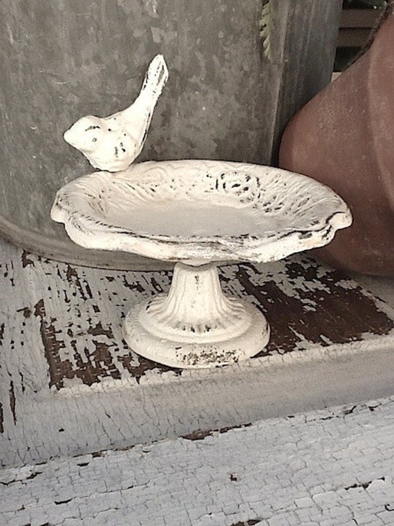 Petite Garden Bird Bath Rustic And Distressed, Shabby Chic White