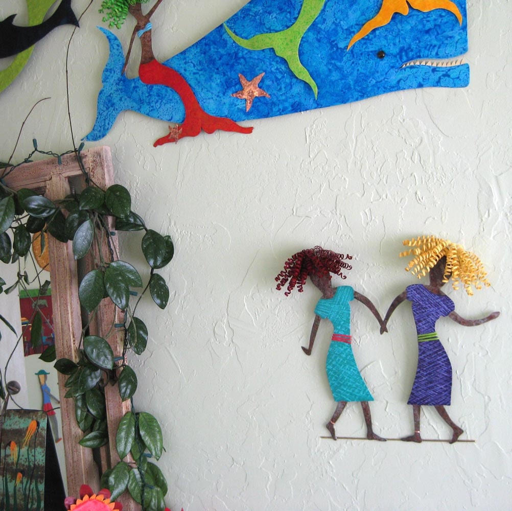 Art sculpture - Dancing Duo - sisters friends blonde redhead women upcycled metal