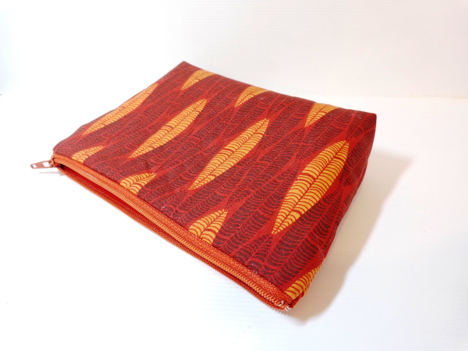 Medium Zipper Pouch Cosmetic Pouch Pencil Case Tribal Pattern in Pumpkin and Brown