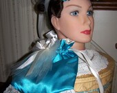 Ladies Civil War Hat Teal Satin with Ivory Braid and Satin Ribbons