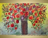 Buy Original Art Luiza Vizoli Roses Flowers Bouquet Modern Abstract Impasto Palette Knife Oil Painting red,orange,grey,yellow