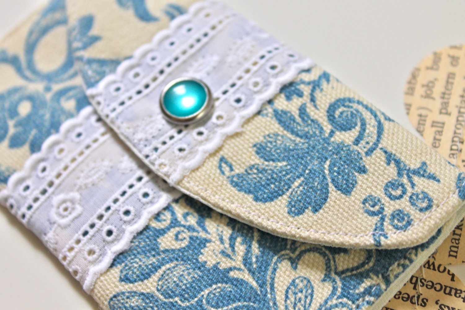 Fabric credit card wallet - Necklace holder - Blue & white with lace