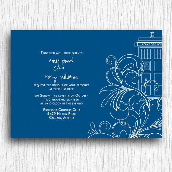 Printable Wedding Invitation - Blue and White Tardis Swirls
