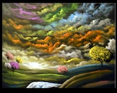 large painting art surreal waterfall abstract fantasy lollipop tree painting impressionist abstract art landscape original 22 x 28