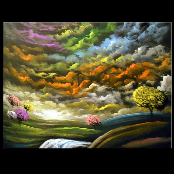 large painting art surreal waterfall abstract fantasy lollipop tree painting impressionist abstract art landscape original 22 x 28