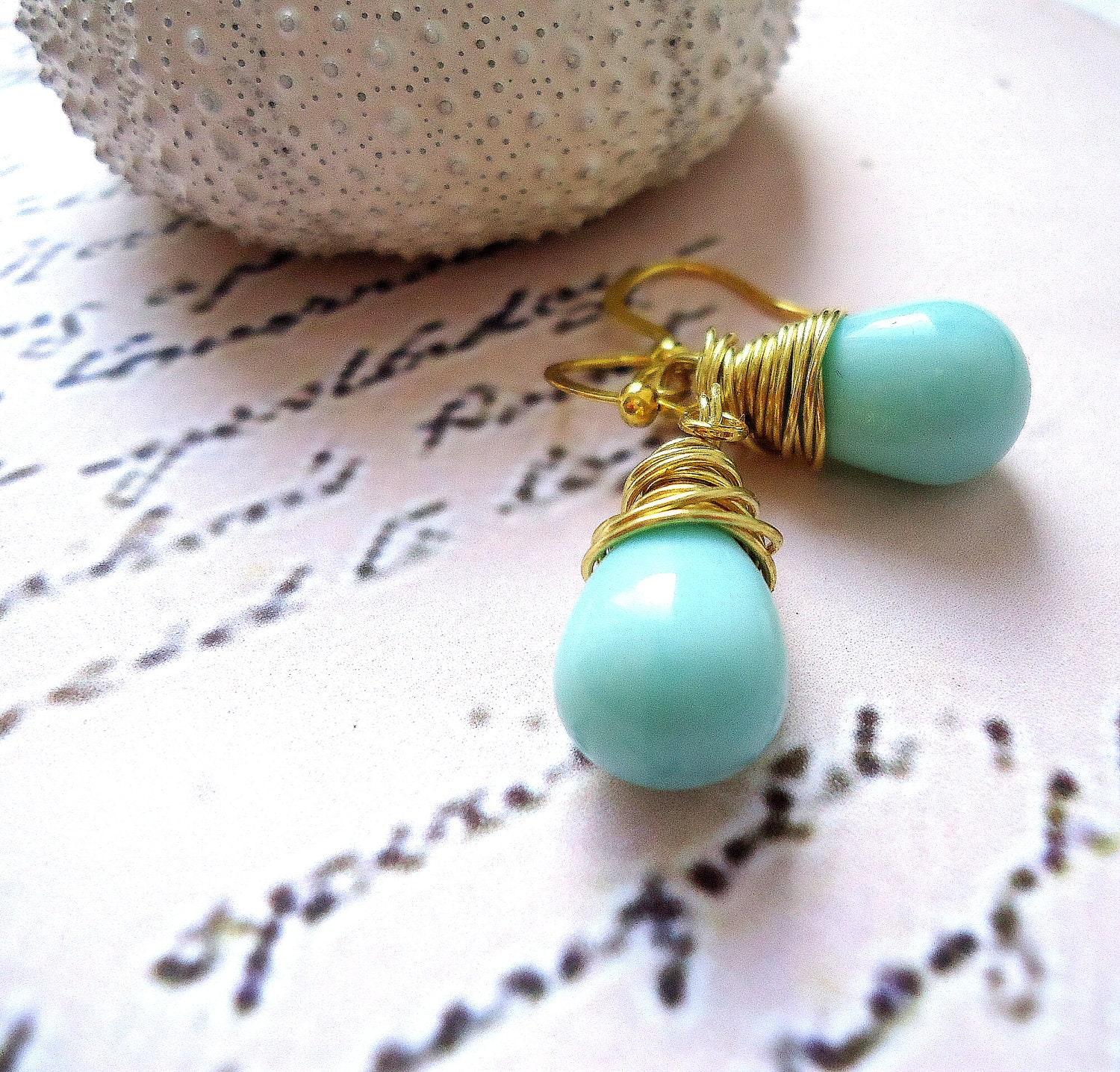 Dangle, Drop, Aqua Earrings, Gold, Wire Wrapped, Seafoam Briolettes, Tear Drop Earrings, Raindrop, Turquoise, Baby Blue, Powder Blue