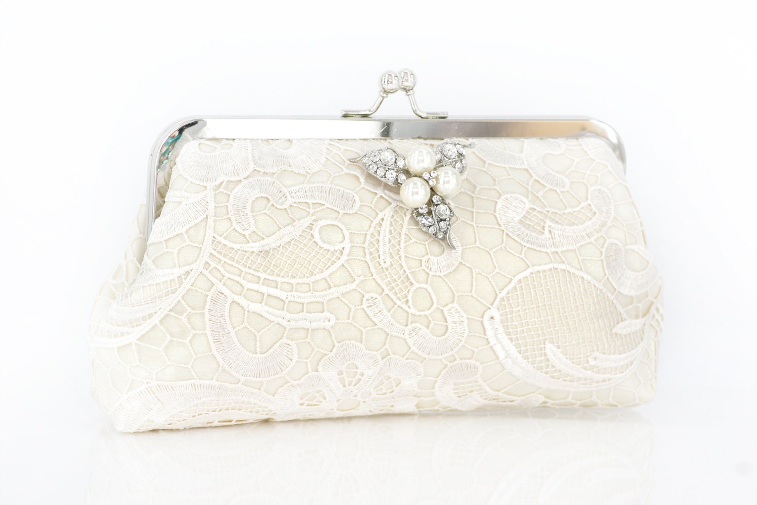 Ivory Lace Bridal Clutch with Pearl Brooch 8-inch L'HERITAGE II