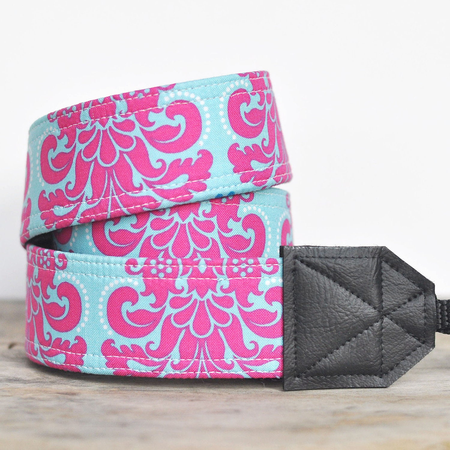 MADE TO ORDER - Camera Strap - Pink and Aqua Damask
