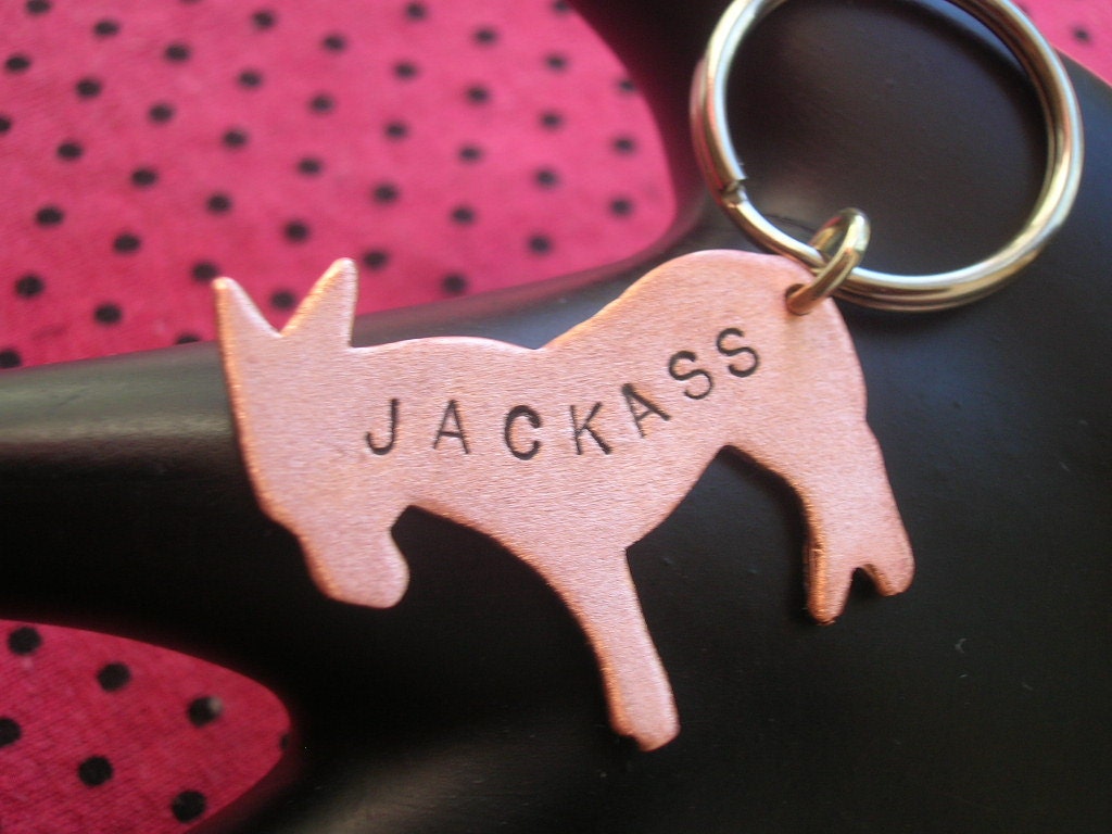 JACKASS Keychain, Animal Charm, Donkey Keychain, Ass Charm Keychain, Mule, Asshole, Stamped Copper, Bitch, Metal