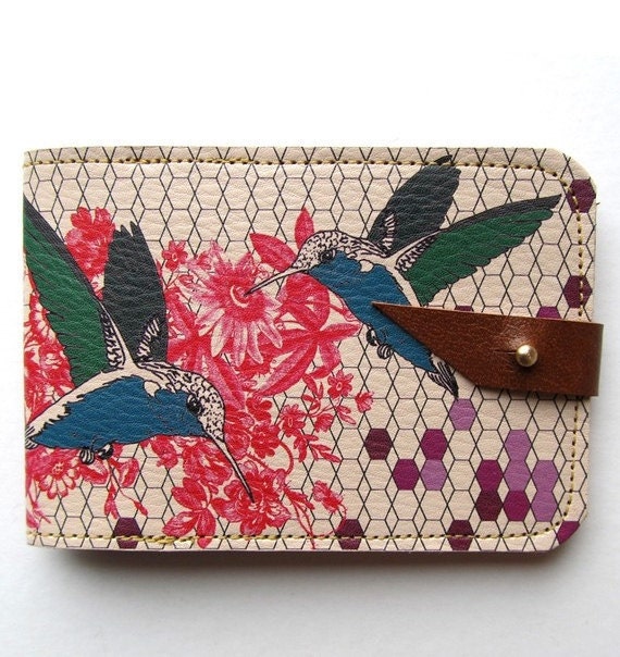 Leather card case/ Oyster card holder - Hummingbirds and flowers