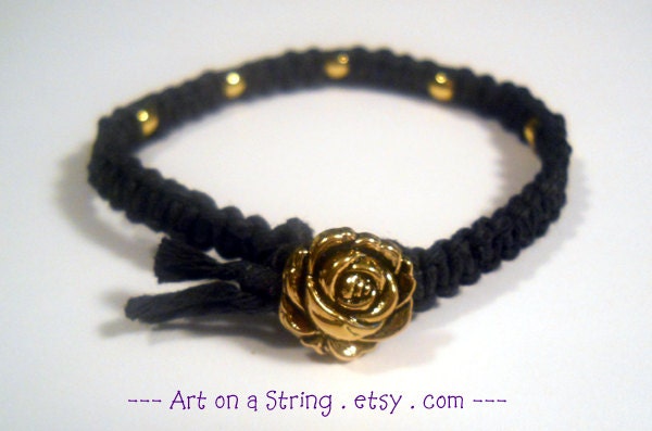 Arm Candy Black Hemp Macrame Bracelet with Gold Beads & Rose Button clasp Arm Party
