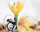 Pink and yellow Hibiscus hand painted wine glass.  FREE personalization and dishwasher safe