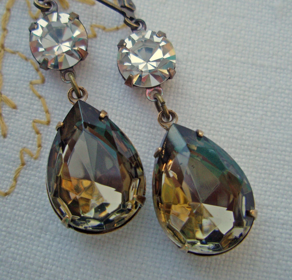 Angelina Jolie Inspired Earrings Titanium Black Diamond Grey Gray Jewelry Vintage Clear Rhinestone Old Hollywood  ANGELINA TUXEDO