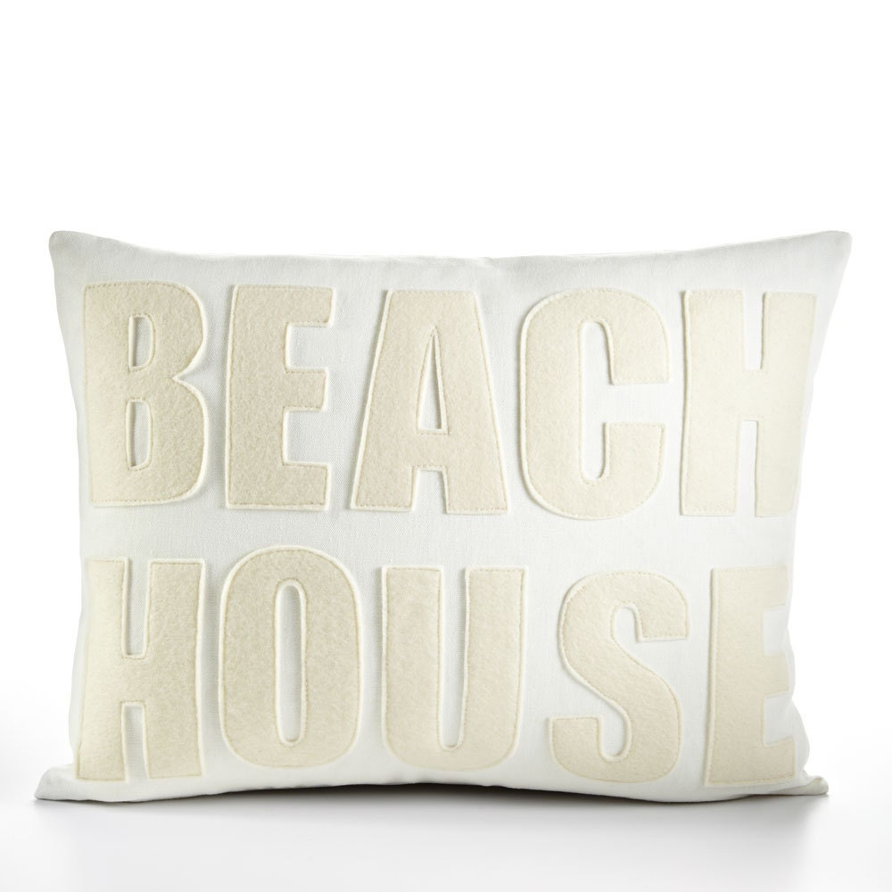 BEACH HOUSE -  hemp canvas and recycled felt applique pillow 14" x 18" - more colors available