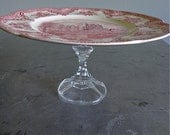 Pedestal Plate / Red Transfer Ware / Castle