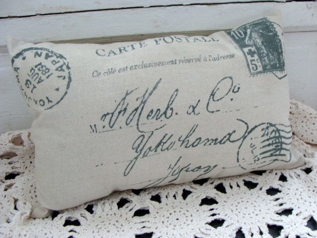 Romantic French Post Card Pillow Postmark Script Throw Pillow