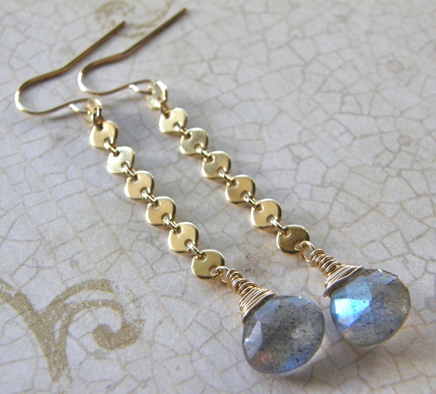 Labradorite Teardrop Earrings, Gold Chain Earrings, Grey and Gold Earrings, Bridal Earrings, Boho Earrings, Modern Earrings
