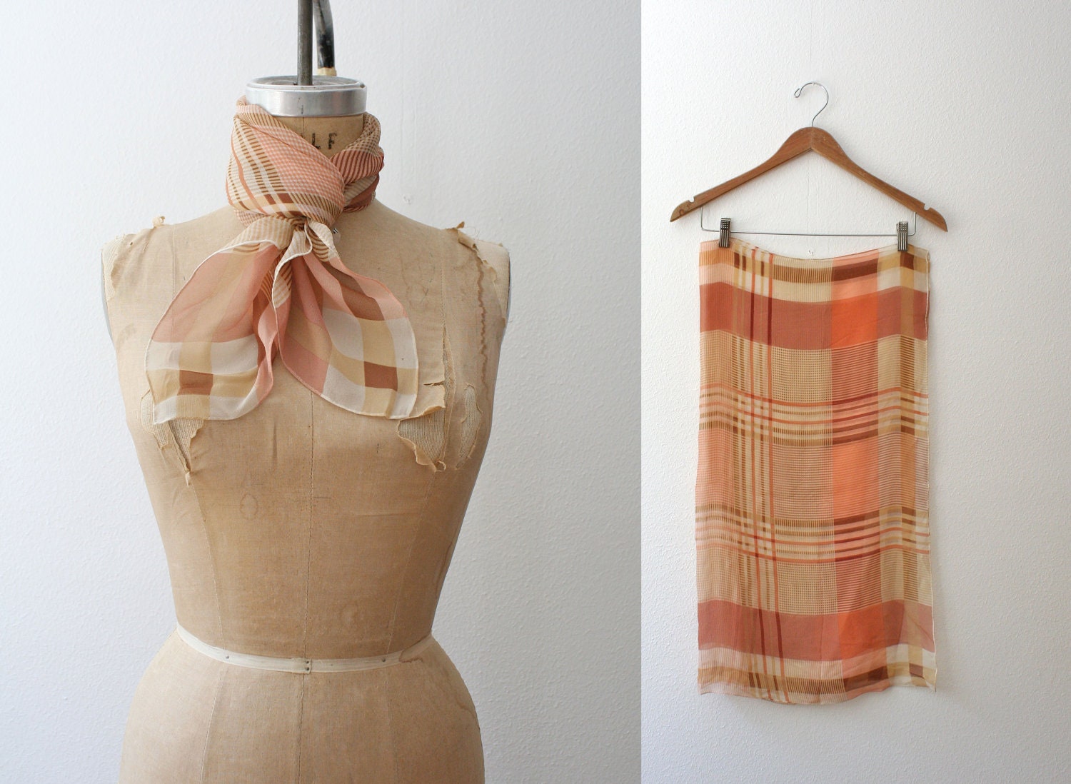 vintage plaid scarf / chiffon scarf / peach plaid