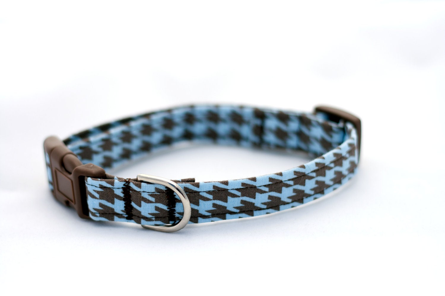 Adjustable Dog Collar Blue Brown Herringbone